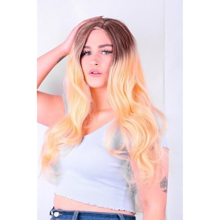 DILLARDS Premium Long Wavy Wig, Light Peach Ombre Synthetic Hair, Heat Resistant Fiber, Natural Looking with Root Gradient Effect - Image 1